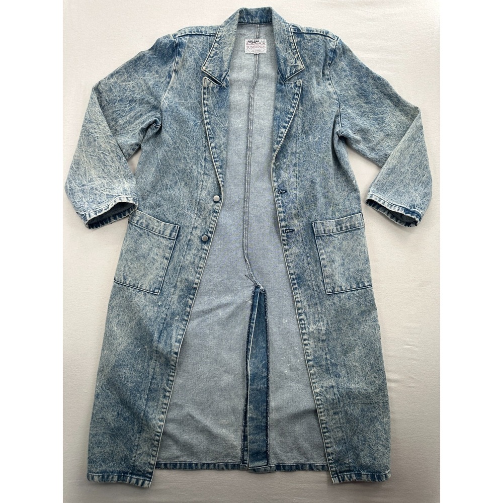 Sundance Vintage Womens 80s Acid Wash Long Denim Jacket Retro Hippy Grunge